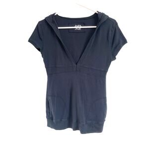 SO Junior's Navy Blue Hooded Babydoll Top Short Sleeve Cotton Pockets Large Y2k